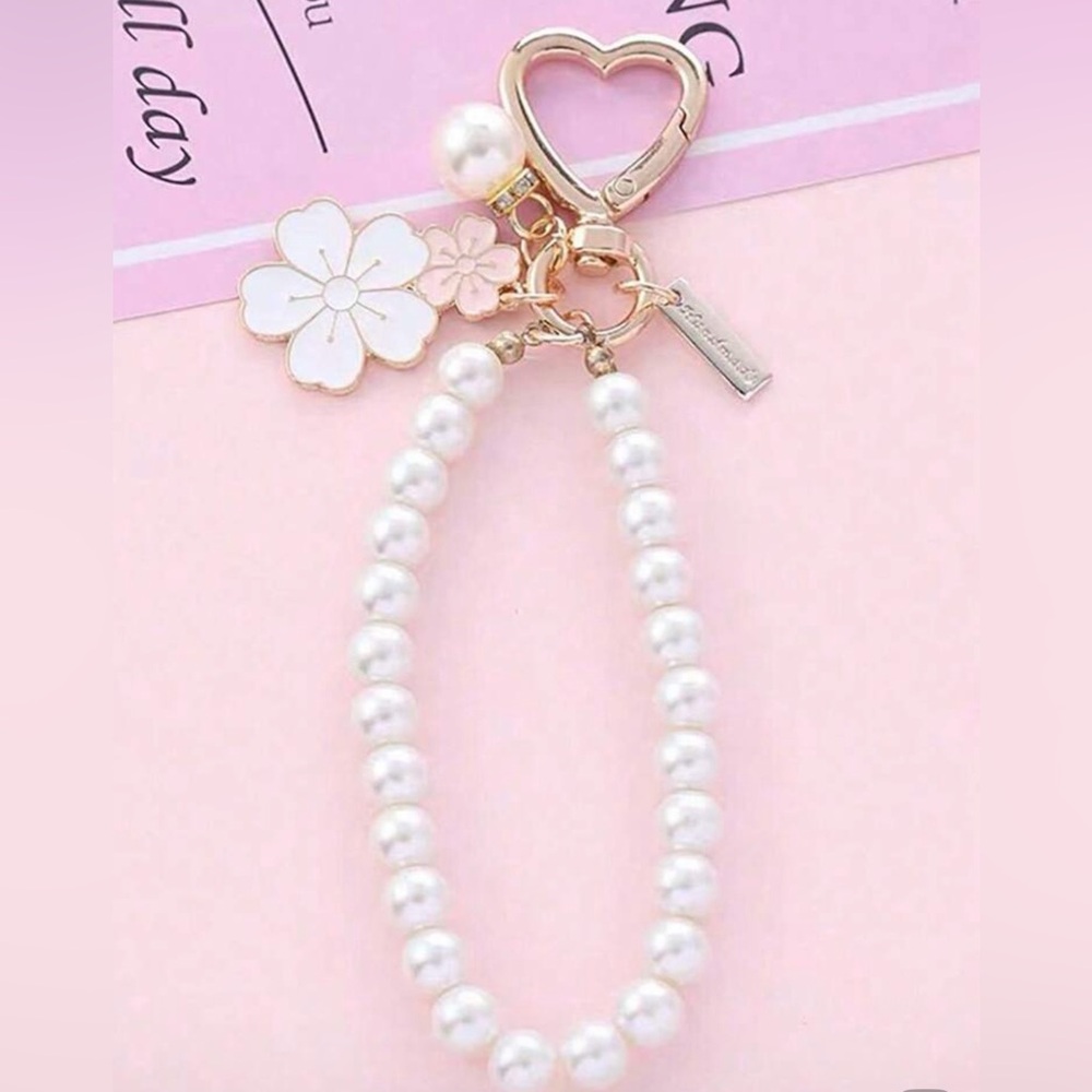 Elegant Pearl Wristlet Keychain with Floral Charm